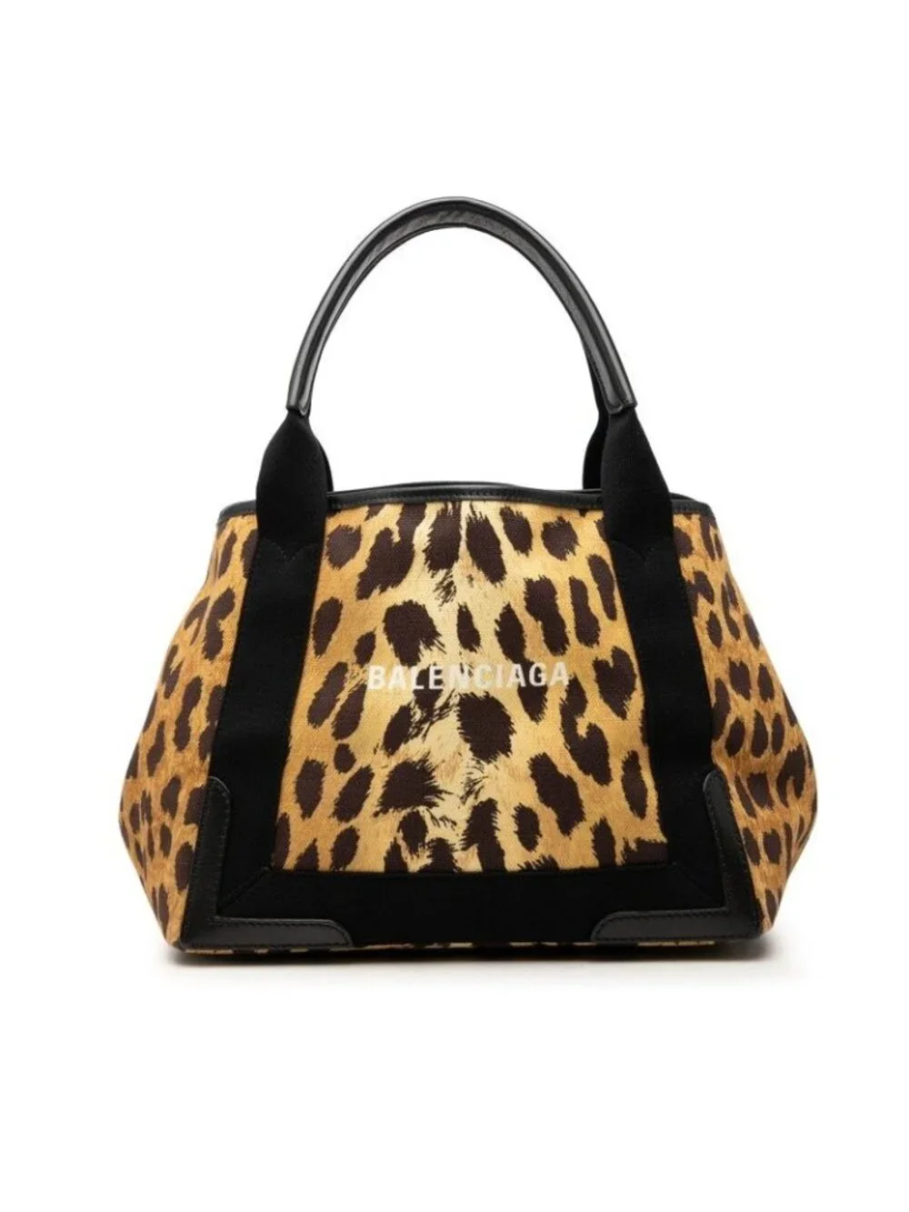 Balenciaga Navy Cabas S Tote Bag Leopard Print Brown Canvas Leather